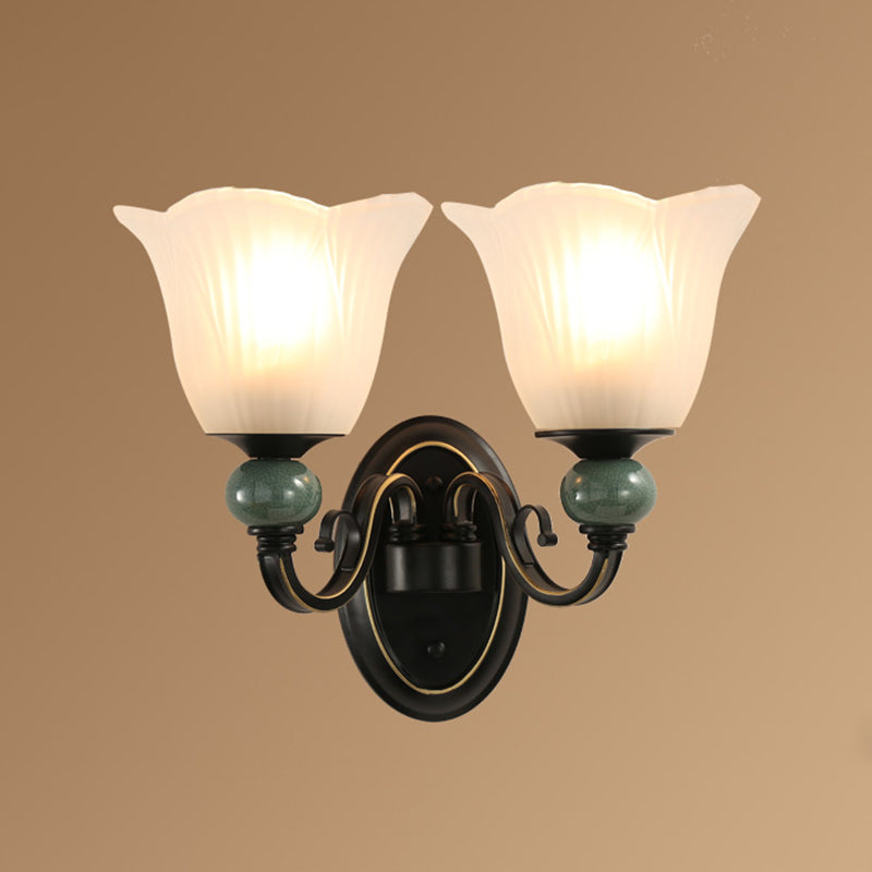 Ribbed Glass Floral Wall Lighting Retro Style Living Room Wall Mount Light in Black