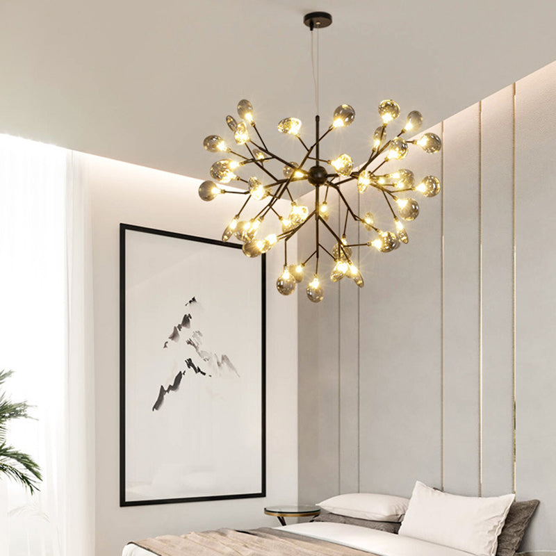 Smoked Glass Branched Firefly Chandelier Lighting Minimalist LED Pendant Light in Black