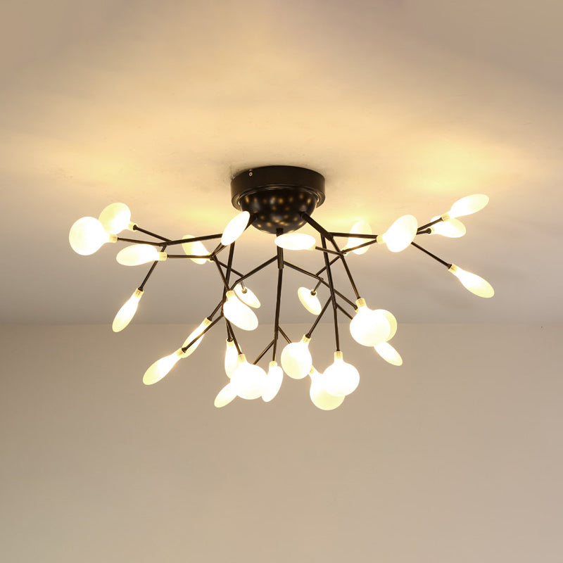 Simplistic Tree Branch LED Semi Flush Mount Metallic Living Room Close To Ceiling Chandelier in Black