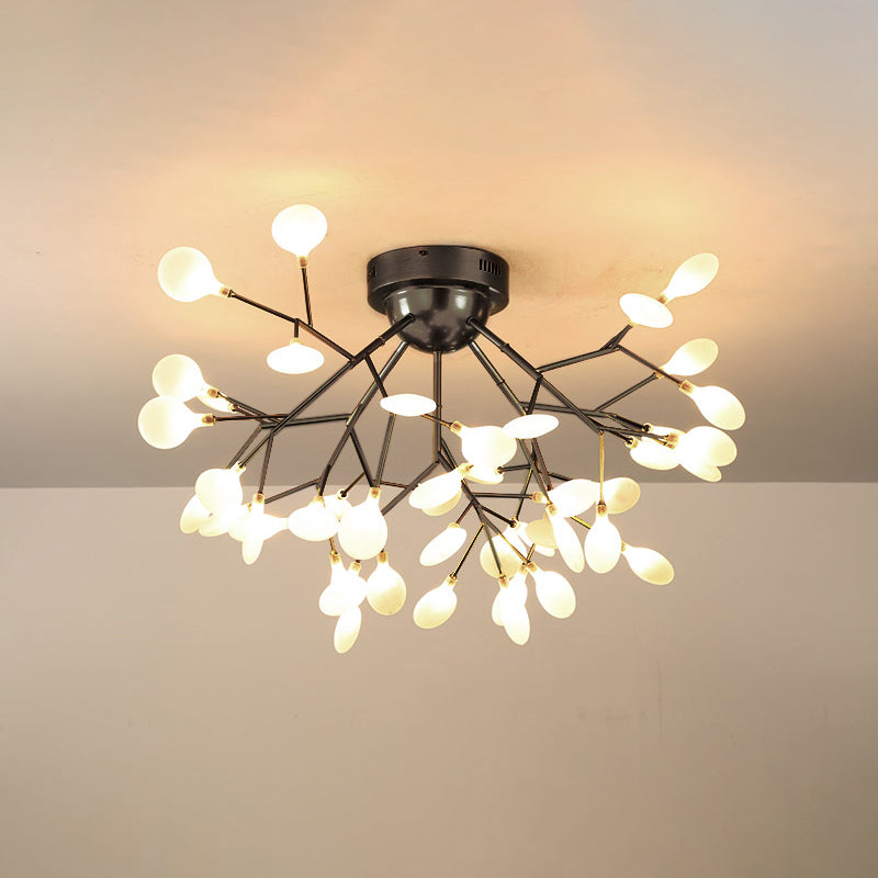 Simplistic Tree Branch LED Semi Flush Mount Metallic Living Room Close To Ceiling Chandelier in Black