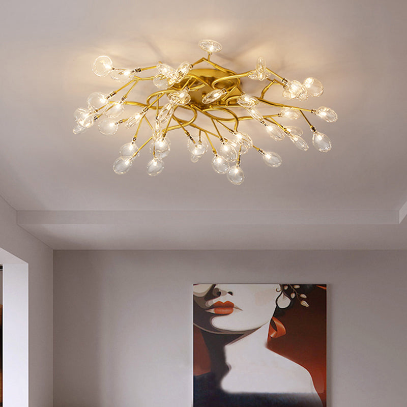 Lámpara de araña empotrada posmoderna metálica con luz LED semiempotrada para sala de estar con rama de árbol y pantalla de luciérnaga