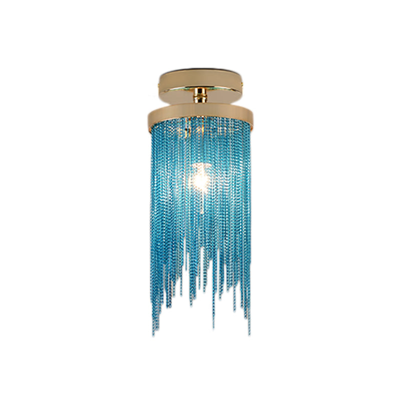 Cylinder Semi Flush Mount Light Modern Crystal Strand 1 Light Blue/Green/Chrome Ceiling Light