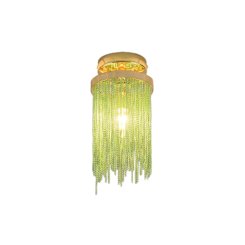 Cylinder Semi Flush Mount Light Modern Crystal Strand 1 Light Blue/Green/Chrome Ceiling Light