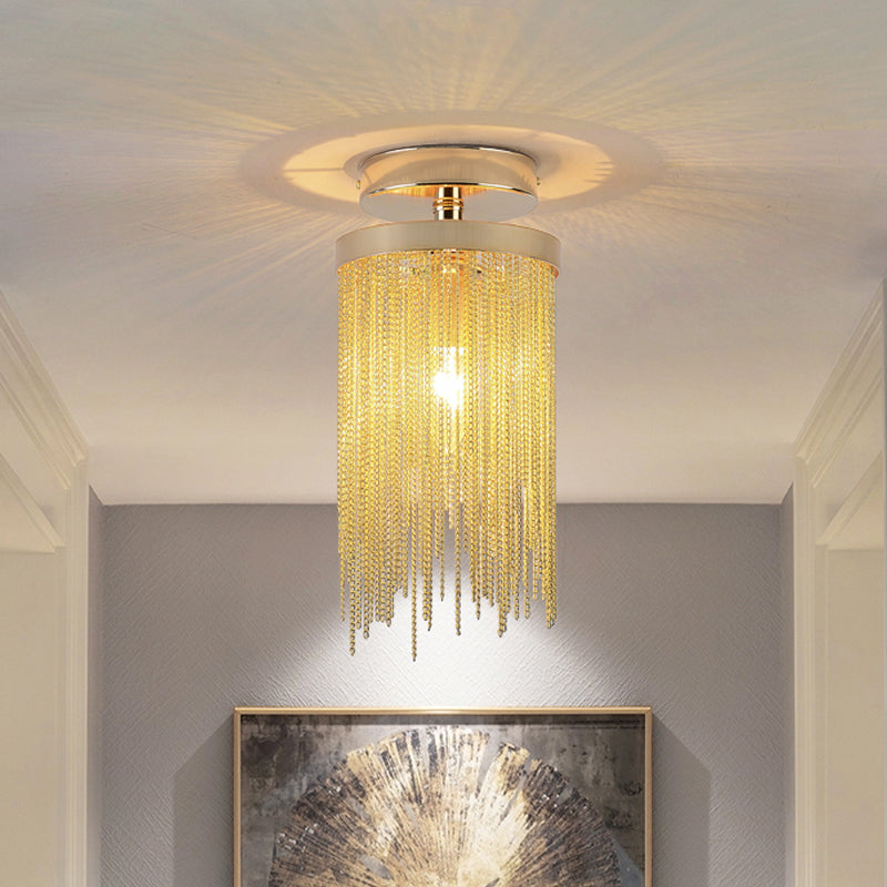 Cylinder Semi Flush Mount Light Modern Crystal Strand 1 Light Blue/Green/Chrome Ceiling Light