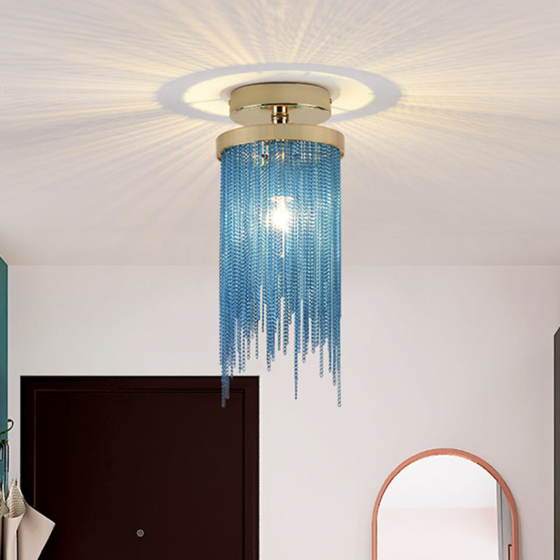 Cylinder Semi Flush Mount Light Modern Crystal Strand 1 Light Blue/Green/Chrome Ceiling Light