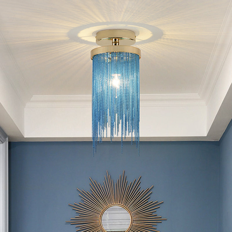 Cylinder Semi Flush Mount Light Modern Crystal Strand 1 Light Blue/Green/Chrome Ceiling Light