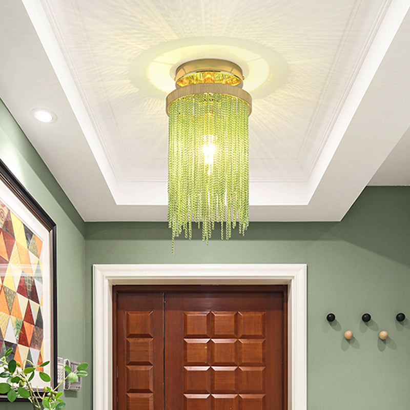 Cylinder Semi Flush Mount Light Modern Crystal Strand 1 Light Blue/Green/Chrome Ceiling Light