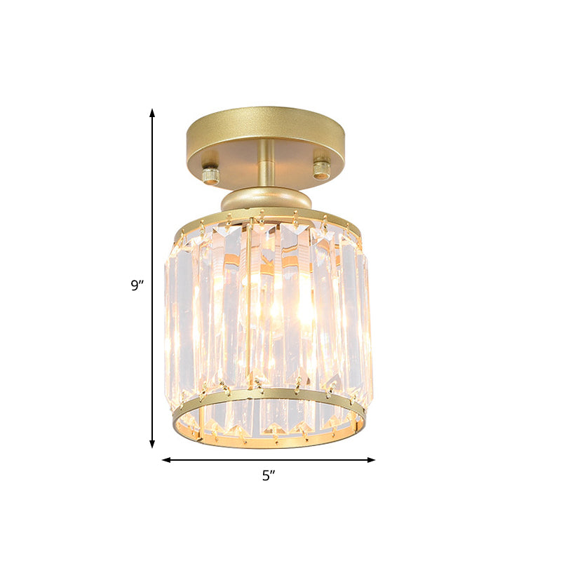 1 Light Corridor Semi-Flush Light Gold / Black Ceiling Light with Cylinder Crystal Block Shade