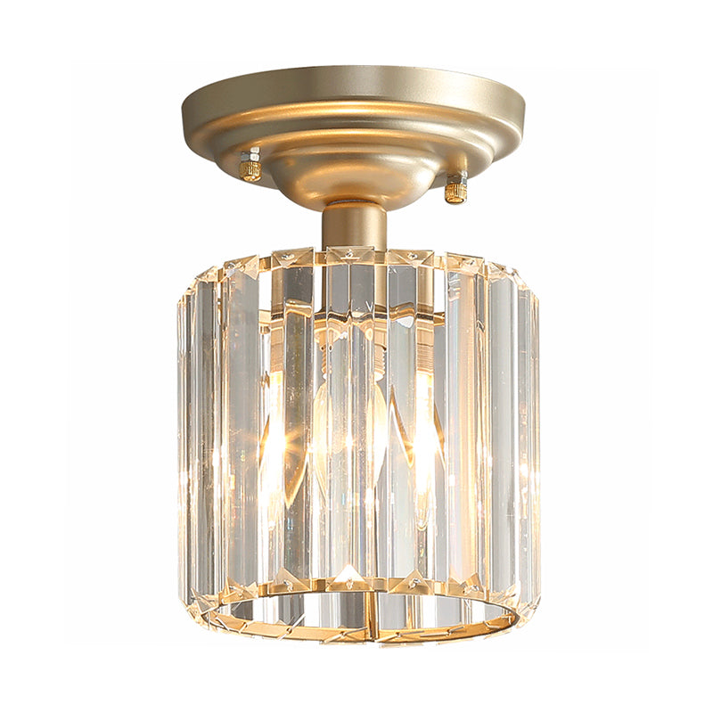 Lámpara de techo de 1 luz de estilo simple con pantalla de bloque de cristal, luz semi empotrada con cilindro dorado