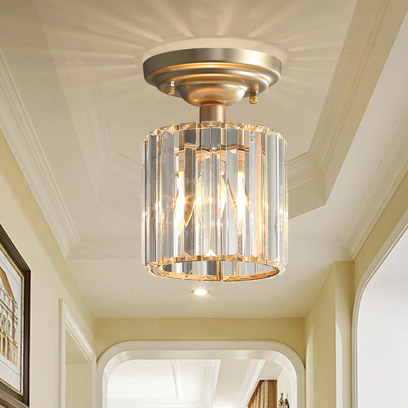 Lámpara de techo de 1 luz de estilo simple con pantalla de bloque de cristal, luz semi empotrada con cilindro dorado