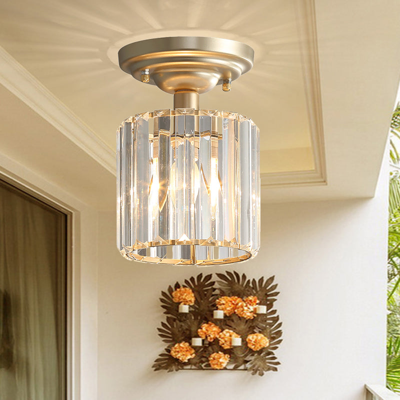 Lámpara de techo de 1 luz de estilo simple con pantalla de bloque de cristal, luz semi empotrada con cilindro dorado