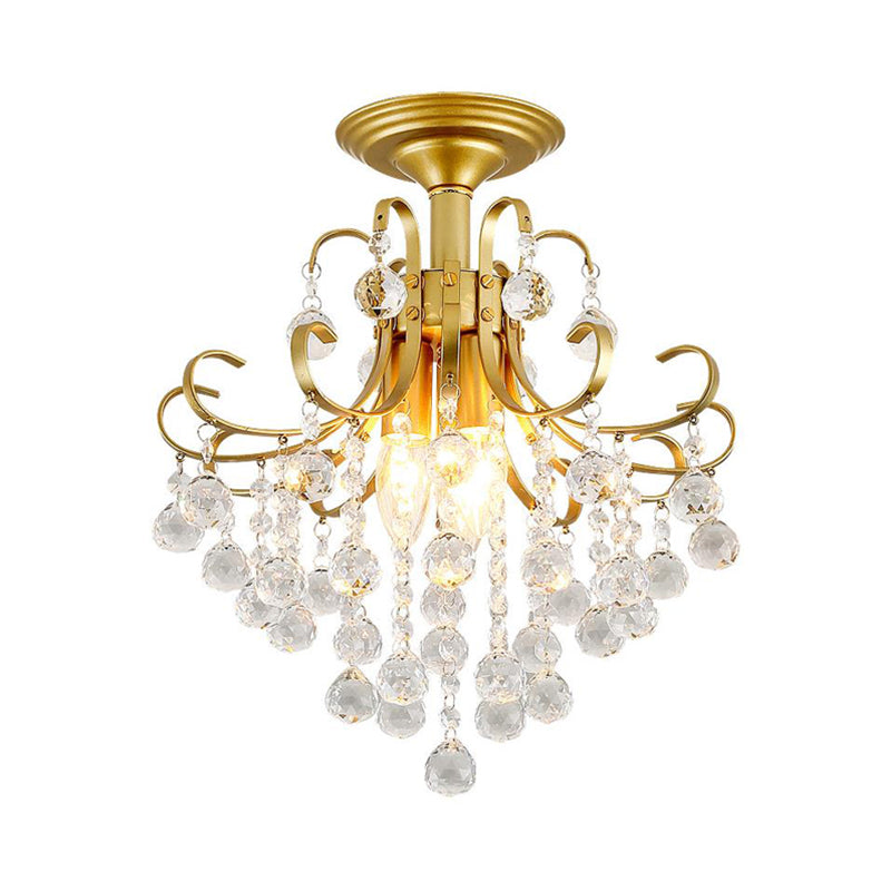 Lámpara de techo con brazo curvo, bola de cristal facetada contemporánea, 3 luces, luz semiempotrada dorada/negra