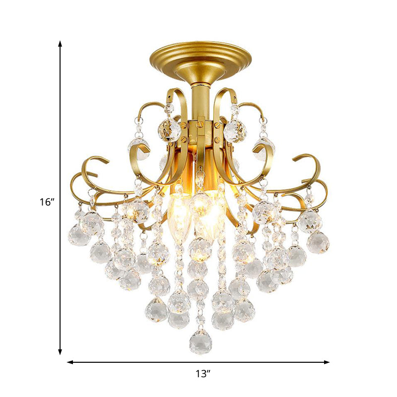 Lámpara de techo con brazo curvo, bola de cristal facetada contemporánea, 3 luces, luz semiempotrada dorada/negra