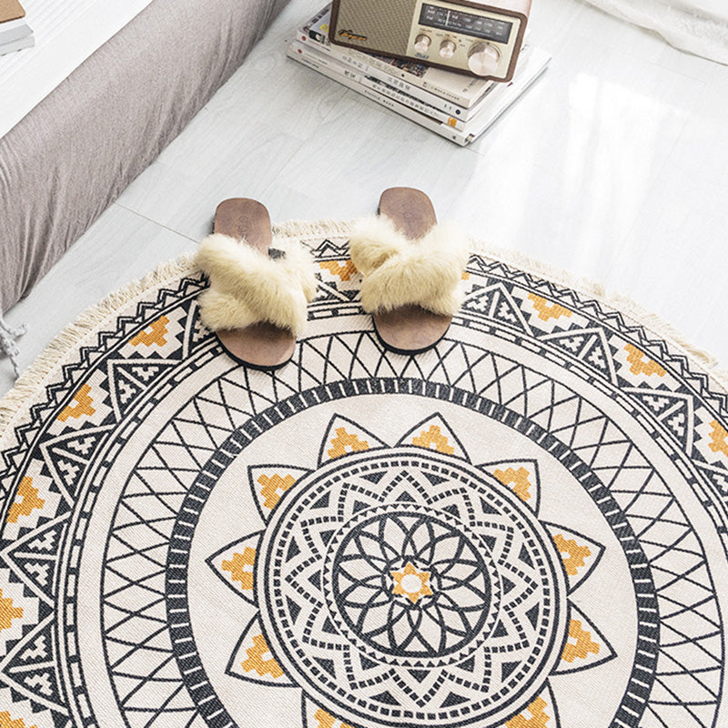 Multi Colored Tribal Patterned Rug Cotton Blend Ethnic Area Rug Easy Care Hand Woven Carpet with Tassel for Bedroom