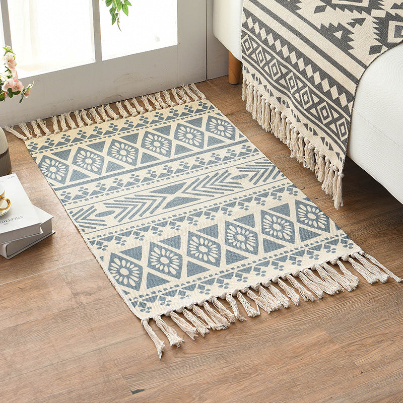 Retro Multi Color Moroccan Rug Cotton Blend Tribal Symbols Carpet Machine Washable Rug with Tassel for Room