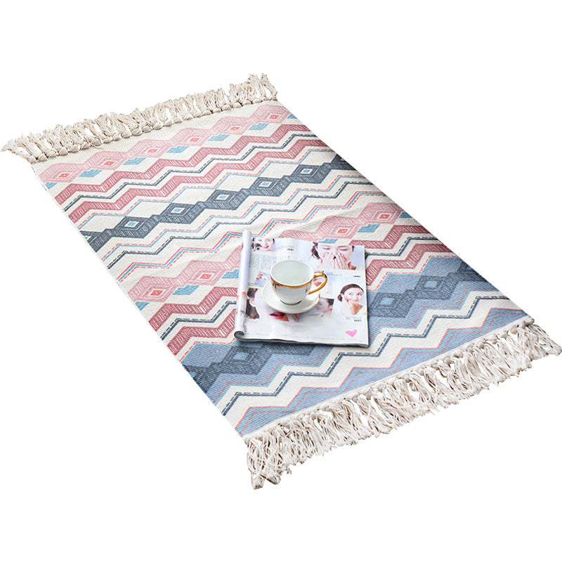 Retro Multi Color Moroccan Rug Cotton Blend Tribal Symbols Carpet Machine Washable Rug with Tassel for Room