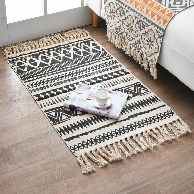 Retro Multi Color Moroccan Rug Cotton Blend Tribal Symbols Carpet Machine Washable Rug with Tassel for Room