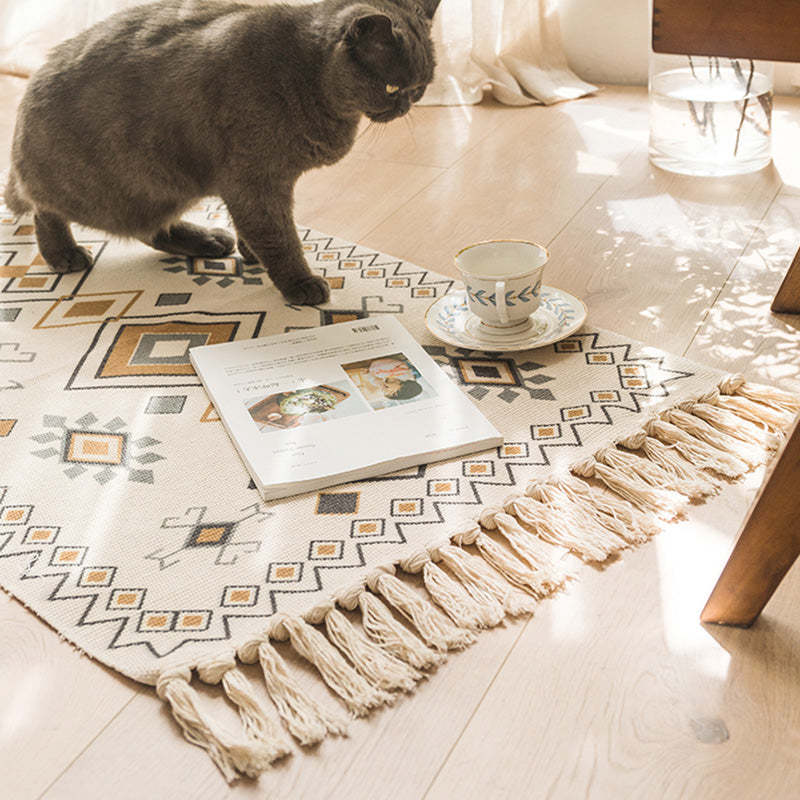 Moroccan Bedroom Rug Multi Colored Tribal Symbols Carpet Cotton Blend Pet Friendly Environmental Area Rug with Tassel