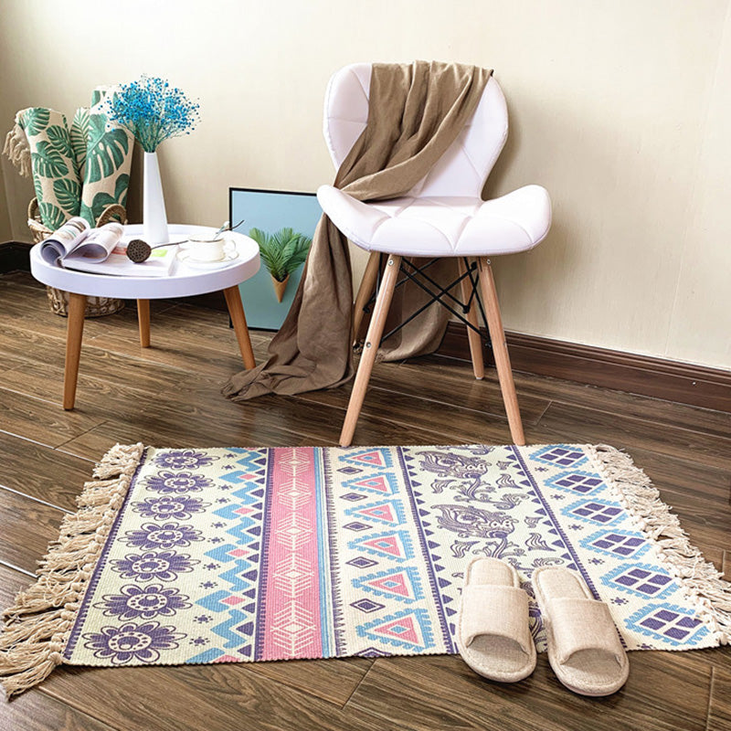 Western Bedroom Rug Multi Colored Tribal Geo Carpet Cotton Blend Easy Care Washable Area Rug with Tassel