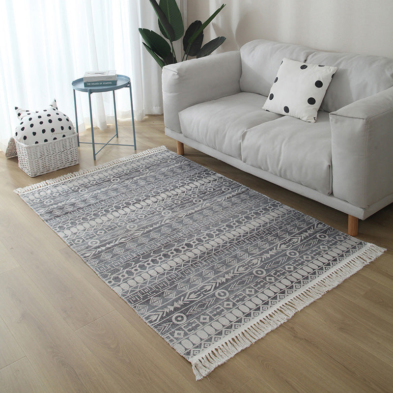 Western Living Room Rug Multi Color Geo Patterned Rug Cotton Blend Washable Hand-Woven Carpet with Tassel