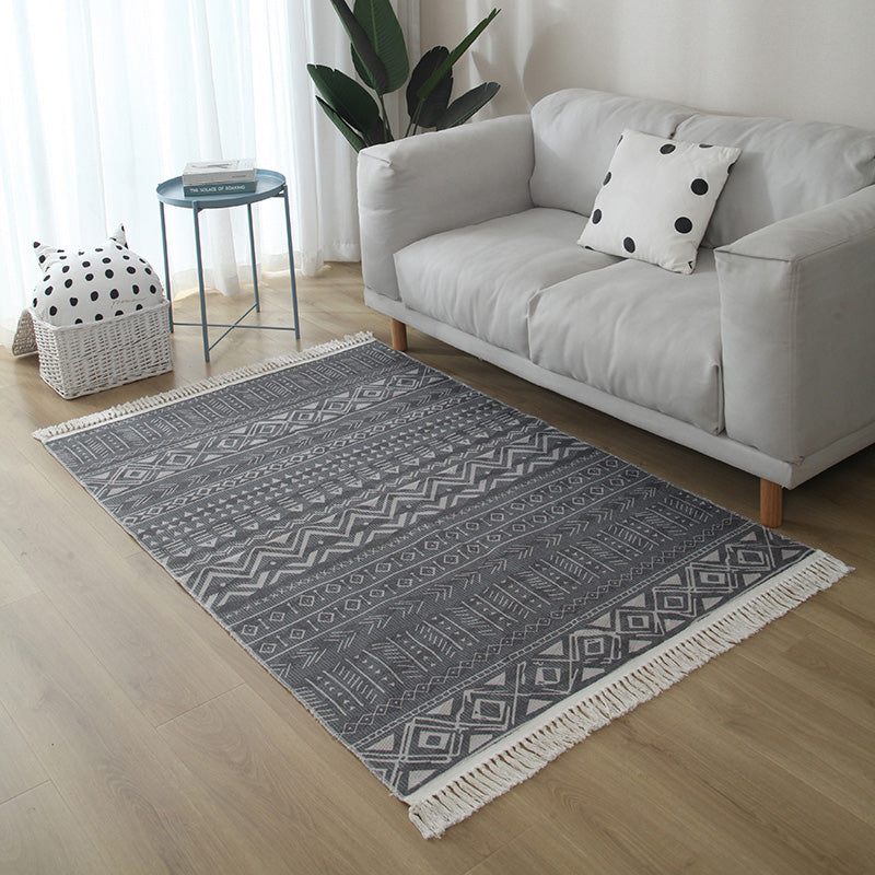 Western Living Room Rug Multi Color Geo Patterned Rug Cotton Blend Washable Hand-Woven Carpet with Tassel