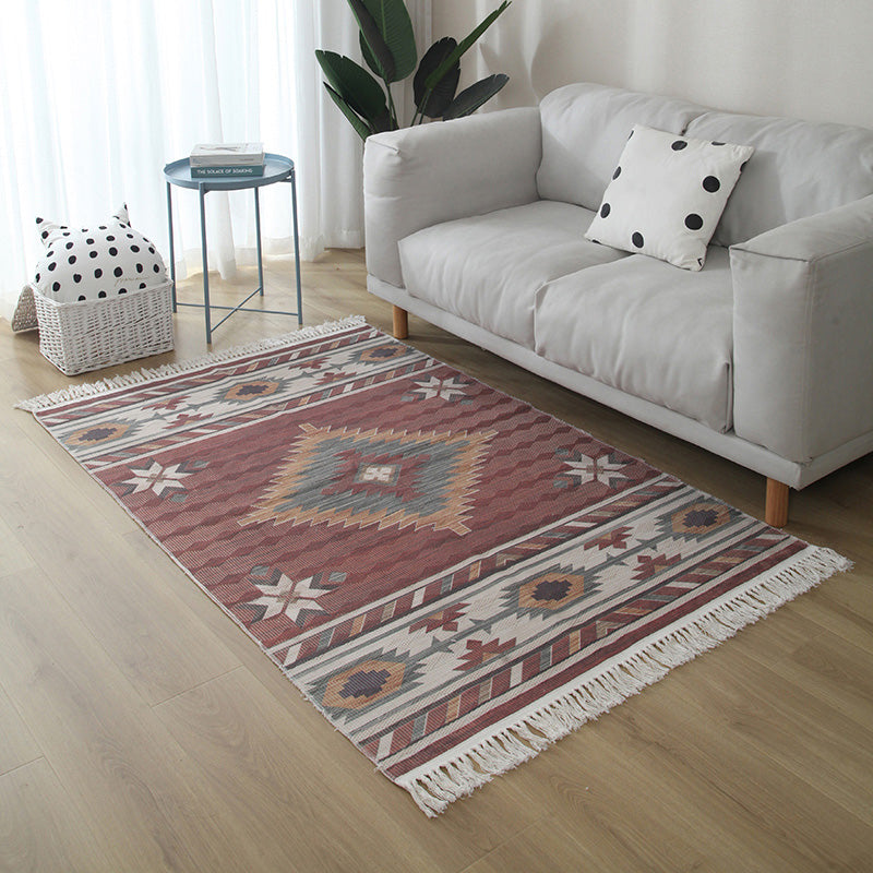 Western Living Room Rug Multi Color Geo Patterned Rug Cotton Blend Washable Hand-Woven Carpet with Tassel