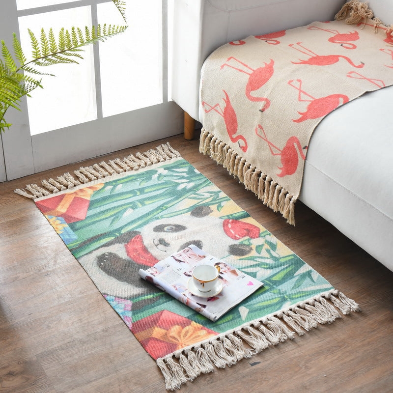 Western Bedroom Rug Multi-Colored Geometric Print Carpet Cotton Blend Machine Washable Easy Care Rug with Fringe