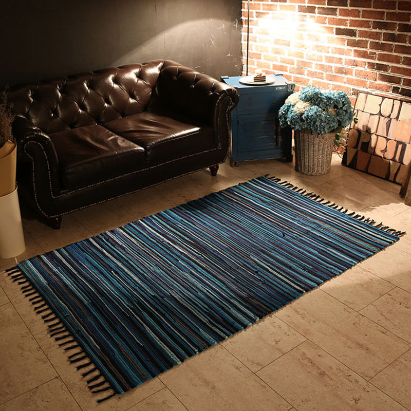 Bohemian Bedroom Rug Multi Colored Striped Pattern Area Rug Cotton Easy Care Washable Carpet with Tassel