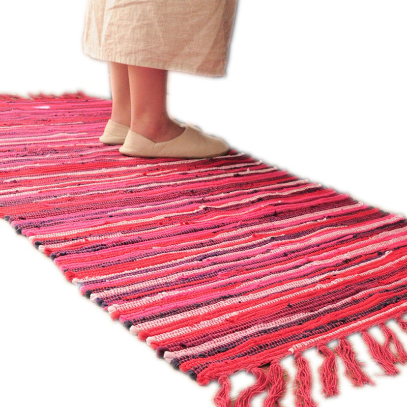 Bohemian Bedroom Rug Multi Colored Striped Pattern Area Rug Cotton Easy Care Washable Carpet with Tassel