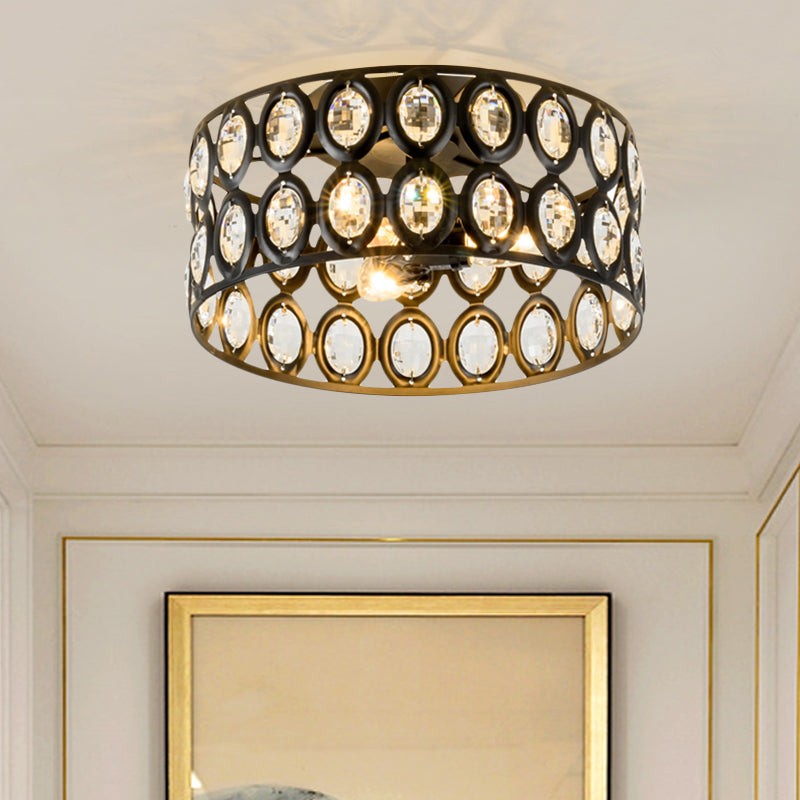Modern 3 Lights Ceiling Light with Metal and Crystal Black Cylinder Flush Mount Light
