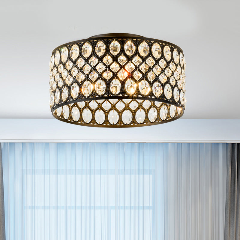 Modern 3 Lights Ceiling Light with Metal and Crystal Black Cylinder Flush Mount Light