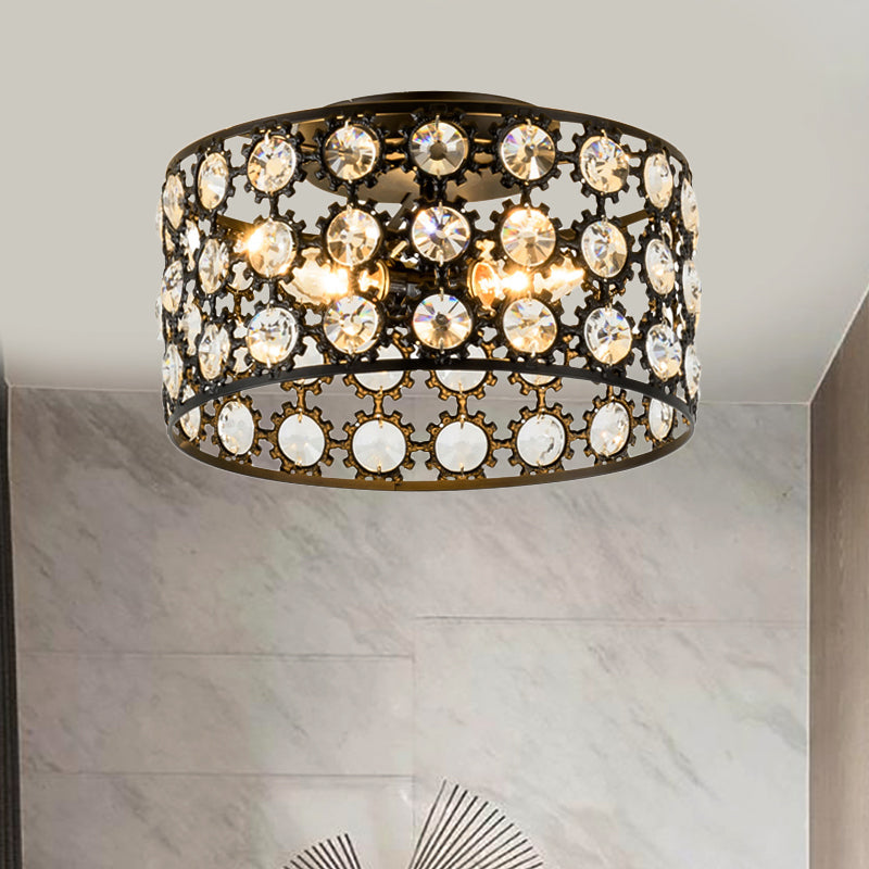 Modern 3 Lights Ceiling Light with Metal and Crystal Black Cylinder Flush Mount Light