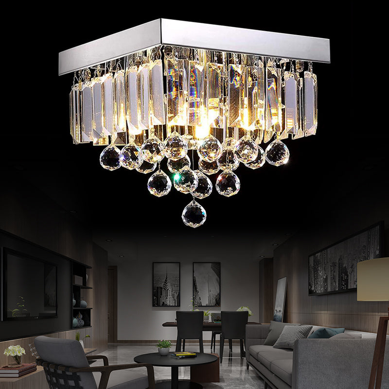 Simple 4 Lights Ceiling Lamp with Crystal Shade Chrome Cubic Flush Mount Light for Living Room