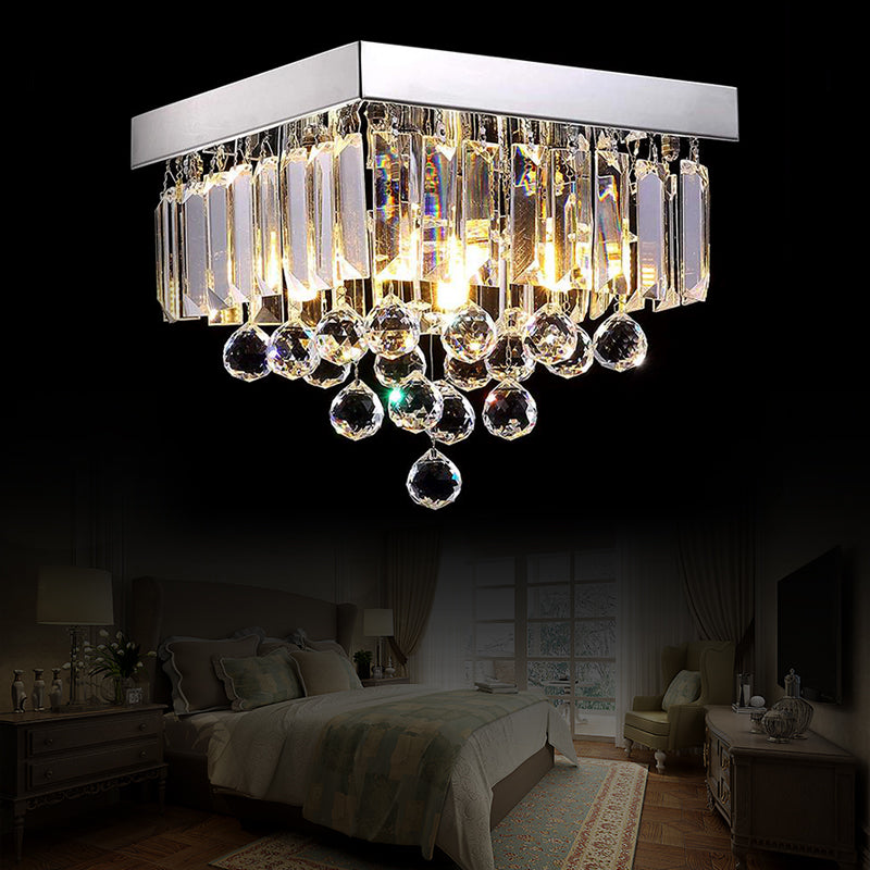 Simple 4 Lights Ceiling Lamp with Crystal Shade Chrome Cubic Flush Mount Light for Living Room