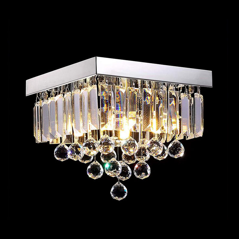 Simple 4 Lights Ceiling Lamp with Crystal Shade Chrome Cubic Flush Mount Light for Living Room