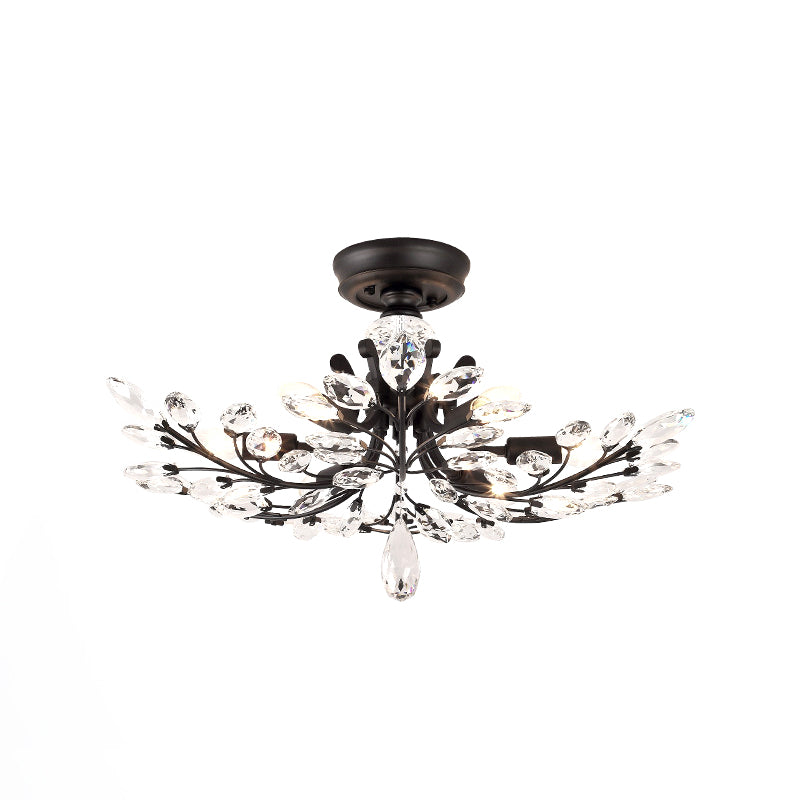 Luz de montaje de semivaciado de rama negra con soporte de techo de metal de hojas de cristal moderno 6/8/10