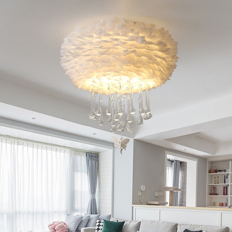 Nordic Cloud Flush Light White/Pink/Black Feather 2/3/4 Lights Bedroom Ceiling Lamp with Crystal Drop, 16"/19.5"/23.5" W