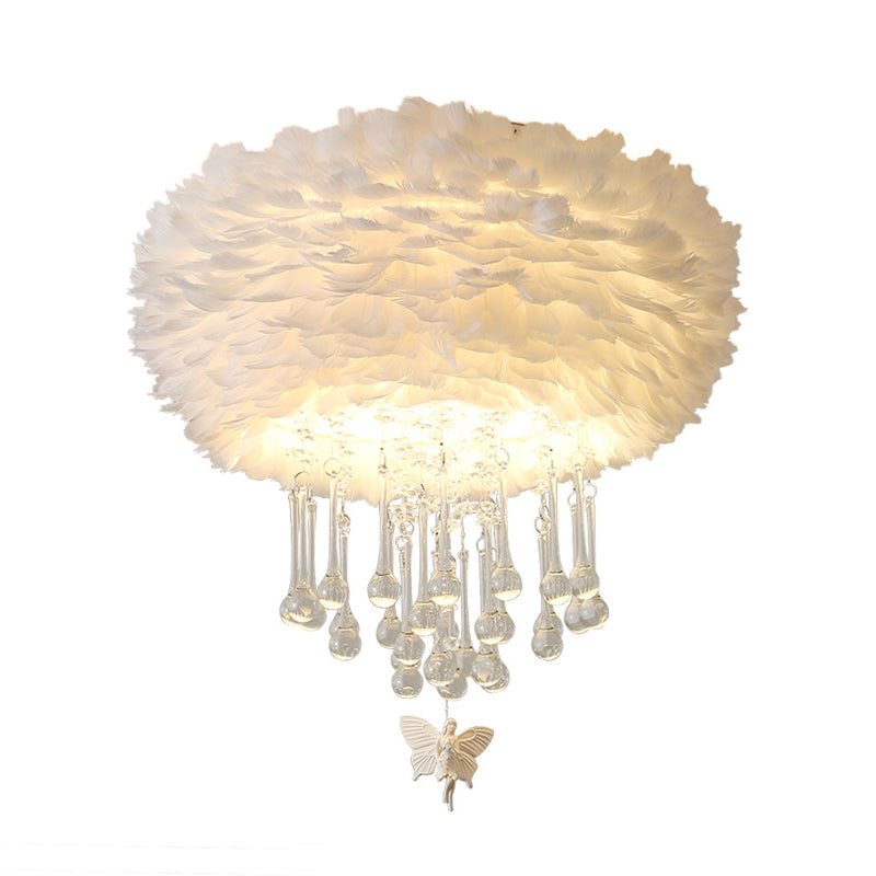 Nordic Cloud Flush Light White/Pink/Black Feather 2/3/4 Lights Bedroom Ceiling Lamp with Crystal Drop, 16"/19.5"/23.5" W