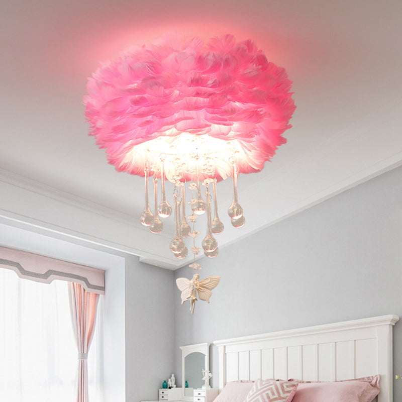 Nordic Cloud Flush Light White/Pink/Black Feather 2/3/4 Lights Bedroom Ceiling Lamp with Crystal Drop, 16"/19.5"/23.5" W