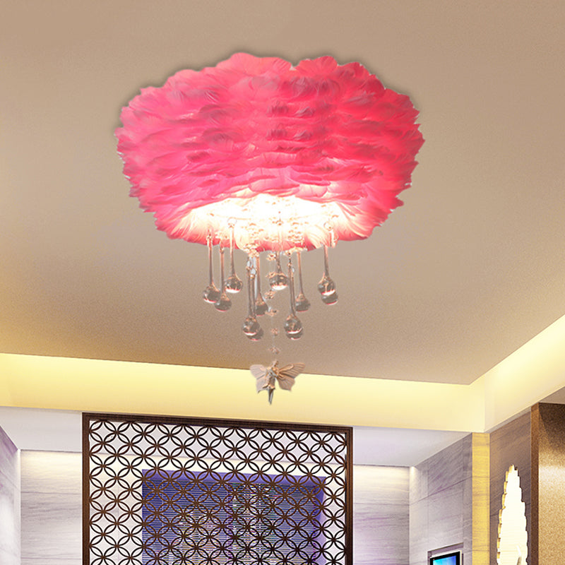 Nordic Cloud Flush Light White/Pink/Black Feather 2/3/4 Lights Bedroom Ceiling Lamp with Crystal Drop, 16"/19.5"/23.5" W