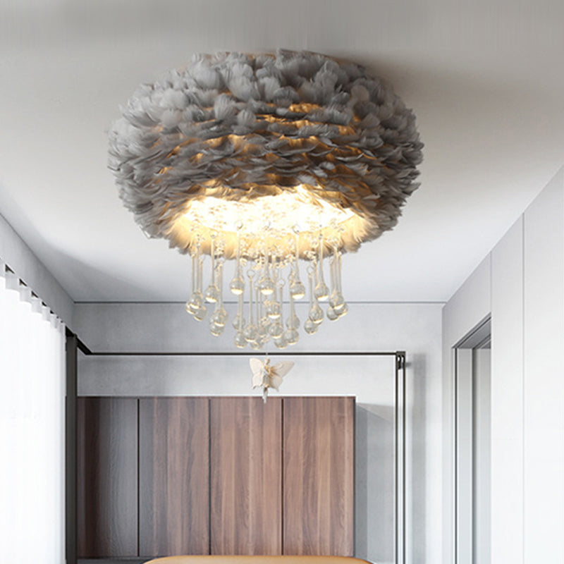 Nordic Cloud Flush Light White/Pink/Black Feather 2/3/4 Lights Bedroom Ceiling Lamp with Crystal Drop, 16"/19.5"/23.5" W