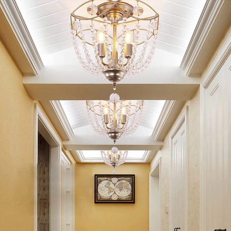 Luz de montaje de semi flush de domo Moderna hilo de cristal 3 luces Luz de techo plateado Luz montada