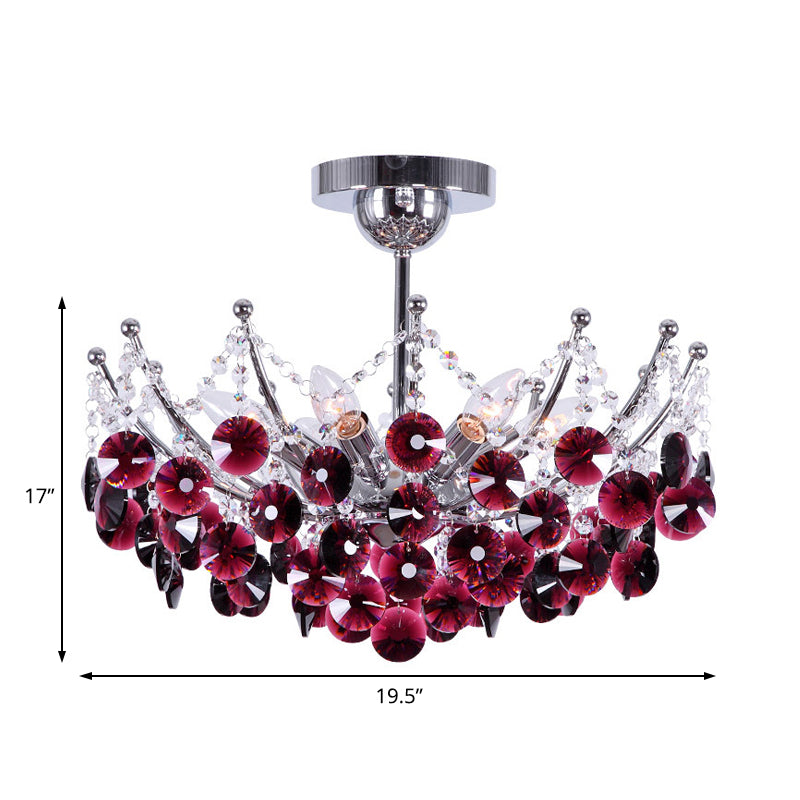 Crystal Dome Semi Flush Lighture Modern 5 Lights Borgoña/Smoke Grey/Amber Ceiling Light, 16 "/19.5" de ancho
