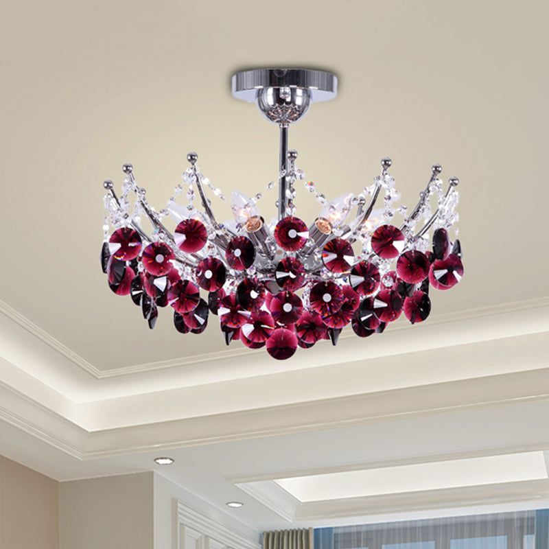 Crystal Dome Semi Flush Lighture Modern 5 Lights Borgoña/Smoke Grey/Amber Ceiling Light, 16 "/19.5" de ancho