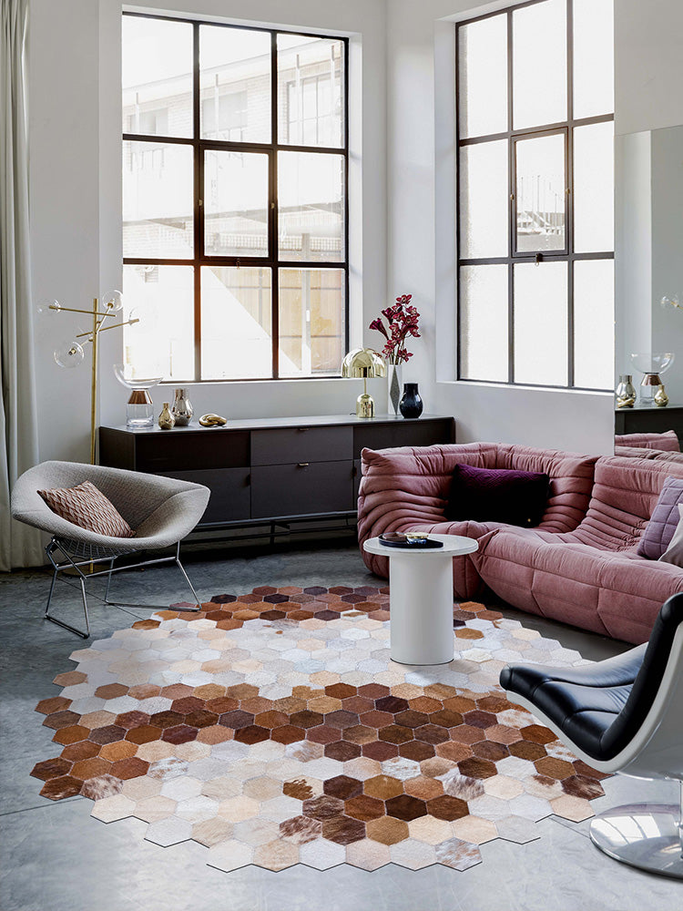 Creative Geo Printed Rug Brown Cowhide Area Rug Pet Friendly Easy Care Indoor Rug for Decoration
