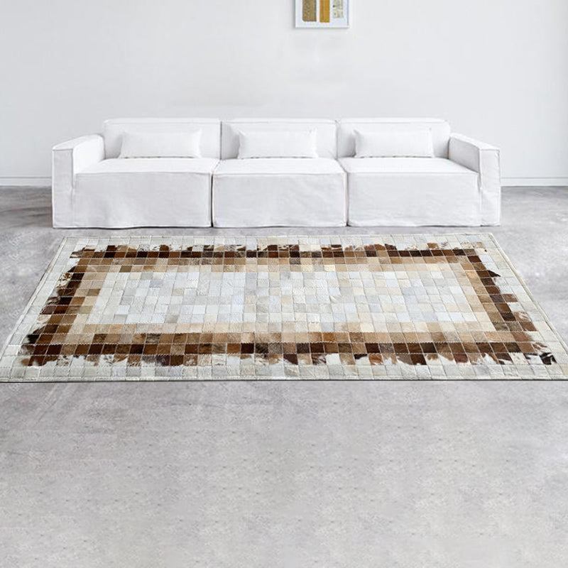 Brown Plaid Patterned Rug Cowhide Modern Area Carpet Pet Friendly Easy Care Handmade Indoor Rug for Room