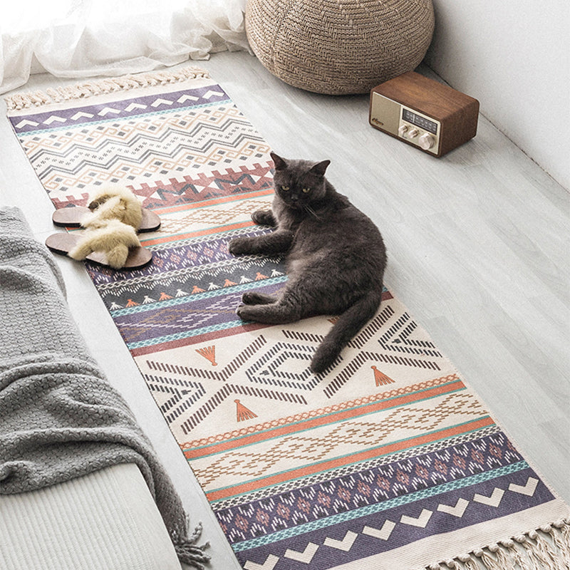 Moroccan Geometric Print Rug Multi Color Cotton Blend Carpet Machine Washable Pet Friendly Rug with Tassel for Room