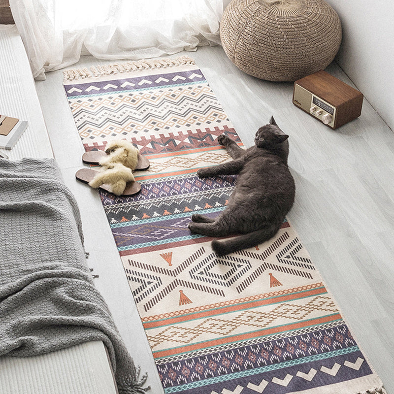 Moroccan Geometric Print Rug Multi Color Cotton Blend Carpet Machine Washable Pet Friendly Rug with Tassel for Room