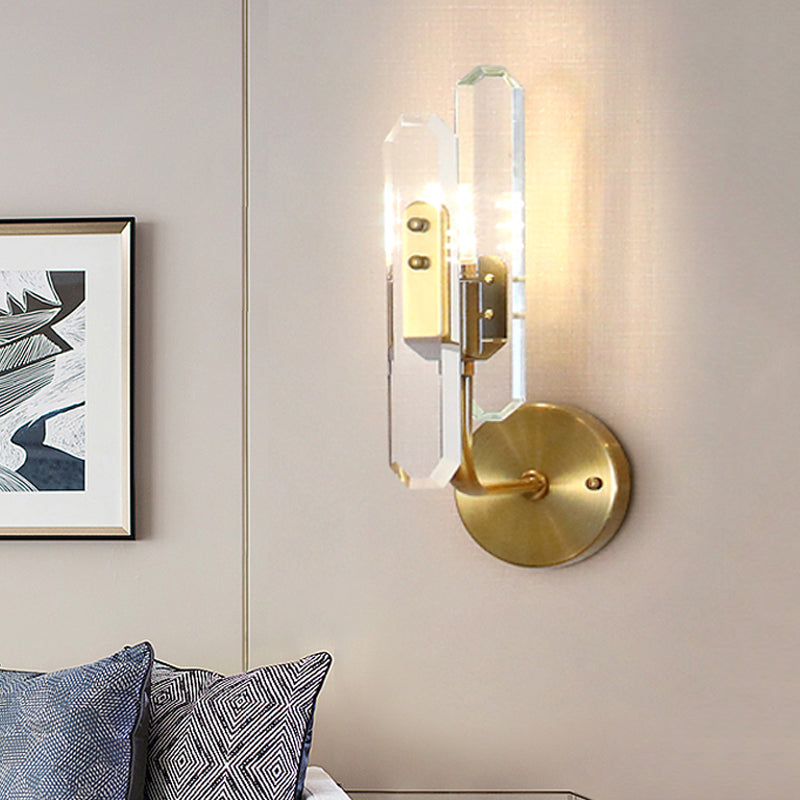 LED Living Room Sconce Light with Block Crystal Shade Postmodern Brass Wall Mounted Lamp