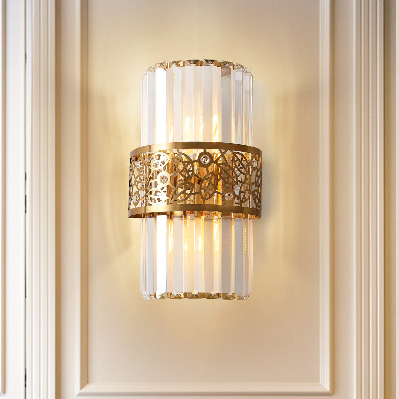 Cylinder Wall Light Modernist Crystal Rectangle 2 Lights Study Room Sconce Light with Brass Hollow Belt
